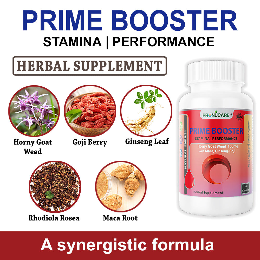 PRONUCARE Prime Booster | Horny Goat Weed, Maca, Ginseng, Rhodiola Rosea, Goji | Herbal Combo Extract | Men and Women Health | Energy Stamina Performance Immune Support | 100 Capsules